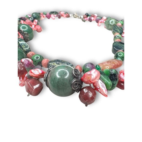 Sterling Silver Multi Gemstone Necklace Emerald Ruby Jasper Pearl 18 Inch - Picture 2 of 7